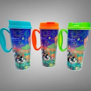 Set of 3 Walt Disney World Refillable Cups Lid Handle Plastic Mickey and Gang